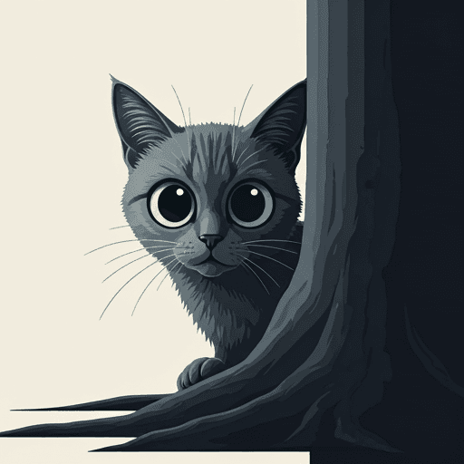 A stylized, minimalist vector illustration of Silver, a solid dark gray cat, with very large, cute, dilated pupils. He is in a 'skittish' pose, peeking out from hiding under a minimalist, stylized tree.